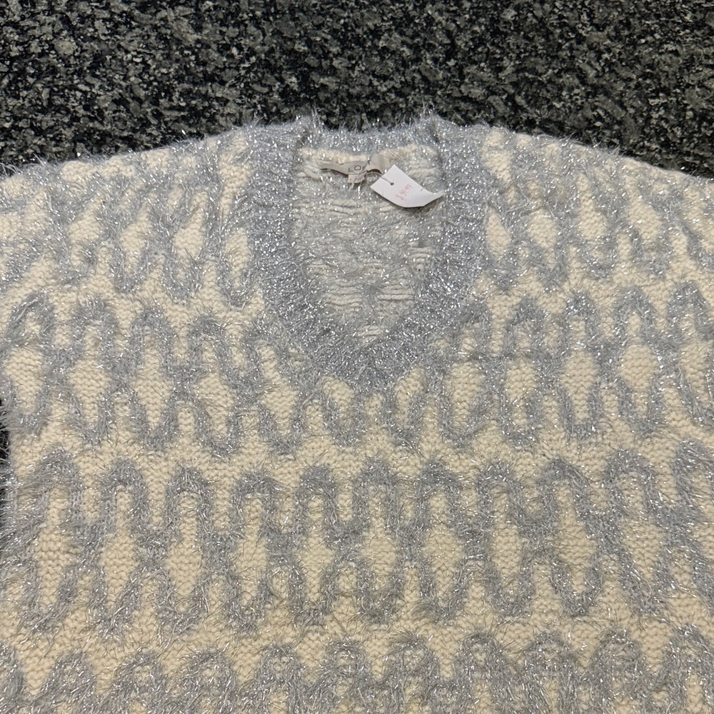 LOFT Gray and Cream V-Neck Sweater